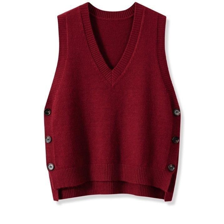 NZ-C00319002 2025 Retro V-neck knitted vest for women's spring and autumn with solid color casual sweater vest vest