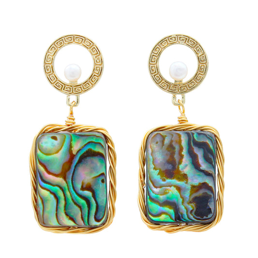 Elegante Abalone-Ohrringe mit Süßwasserperle & chinesischem Muster – 14K vergoldet, goldene Umrandung, mystischer Look für Damen