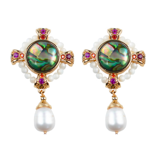 Vintage Abalone Perlenohrringe mit bunten Edelsteinen – 14K vergoldet, Extravagantes Design für Tanz & Feste