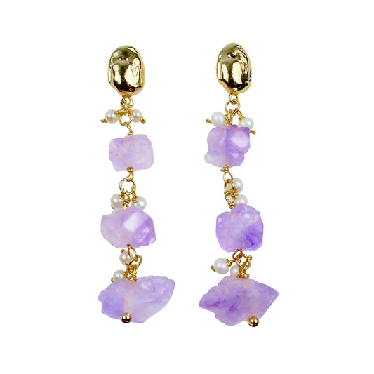 Perlenohrring mit Amethyst-Rohsteinen – 14K vergoldet, 925 Silberstift, eleganter hypoallergener Ohrstecker für Frauen, minimalistisches Design