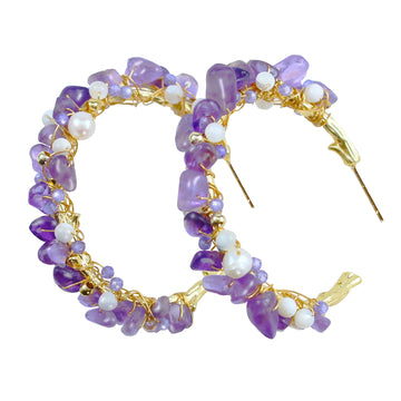 Große Creolen mit Amethyst & Perle – 14K vergoldete Ohrringe mit 925 Silberstift, Statement Schmuck für Damen