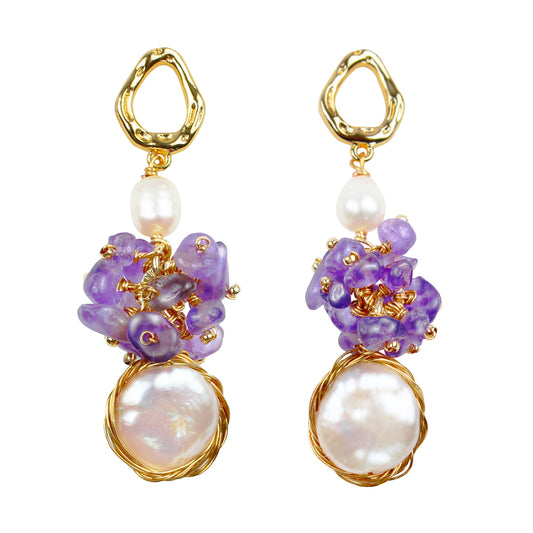 Violette Trauben-Perlenohrringe – 14K Vergoldet, Barockstil mit Süßwasserperlen & Kristallen, Eleganter Schmuck für Feste & Partys