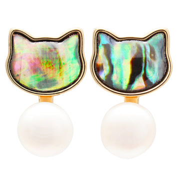 Fantasia Katze Perlen Ohrstecker – Abalone Katzenkopf mit Süßwasserperle, 14K vergoldet & 925 Silberstecker, süßes hypoallergenes Design für junge Frauen
