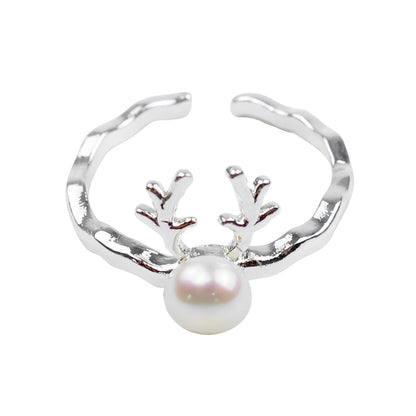 Schneemobil Rentier Perlenring – Verstellbarer Offener Ring, Silberbeschichtung & Weiße Süßwasserperle, Eleganter Damenring
