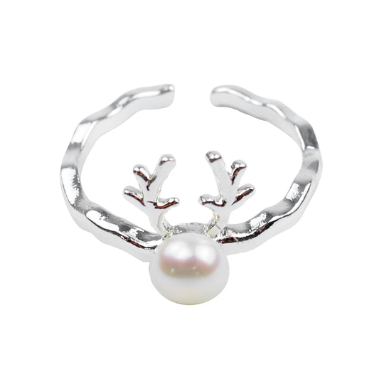 Schneemobil Rentier Perlenring – Verstellbarer Offener Ring, Silberbeschichtung & Weiße Süßwasserperle, Eleganter Damenring
