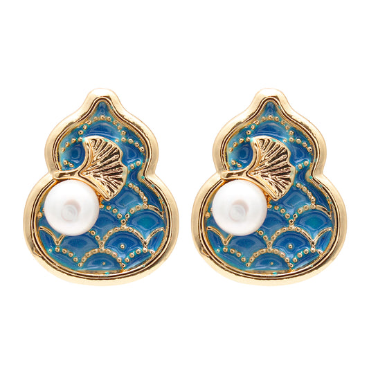 Chinesische Ohrstecker Damen – Ginkgo & Kalebasse Design mit Süßwasserperle, 925 Silber & 14K Vergoldet, Blaue Emaille, Elegante Geschenkbox