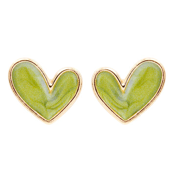 Heart-Shaped Stud Earrings in Matcha Green – Enamel Design, 14K Gold Plated, Sweet Look for Women