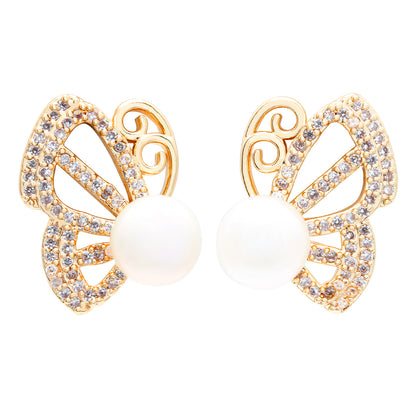 Sternenflügel Perlenohrringe – Schmetterlingsform mit Zirkonia & Süßwasserperle, 14K vergoldete Kupferlegierung, eleganter Schmuck im Sternenhimmel-Design für Frauen