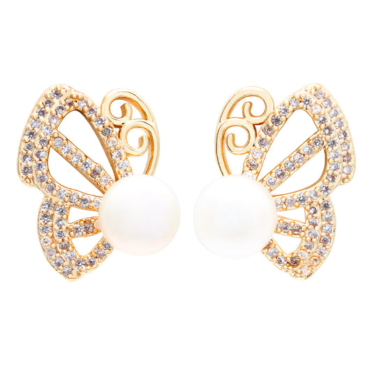 Sternenflügel Perlenohrringe – Schmetterlingsform mit Zirkonia & Süßwasserperle, 14K vergoldete Kupferlegierung, eleganter Schmuck im Sternenhimmel-Design für Frauen