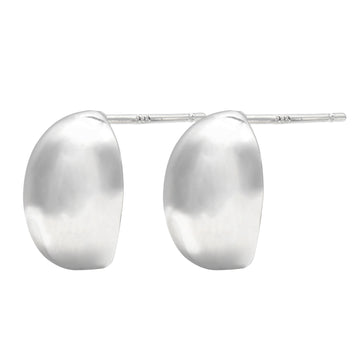 French Silver Bean Stud Earrings – Half-Dome Earrings with White Gold Plating & 925 Silver Posts, Minimalist Jewelry for Women