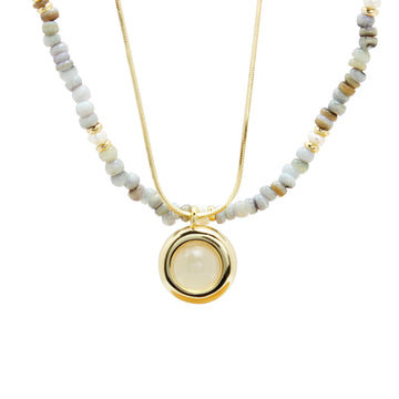 Boho Jewelry Set for Women – Aquamarine Necklace & Chalcedony Pendant, 2-Piece Layering Set with Beads & Herringbone Chain, Ideal for Everyday & Special Occasions