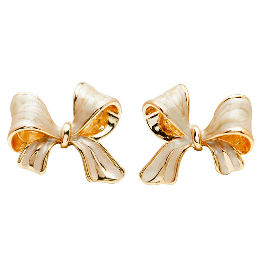 Vintage Bow Earrings in Cream White – 14K Gold Plating & Enamel, Elegant Jewelry for Women, Ideal for Lolita & Princess Look, Party & Everyday