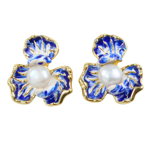 Elegante blaue Blütenblatt-Ohrringe mit Perle – 14K vergoldete Emaille Ohrstecker mit 925 Silberstift für Damen