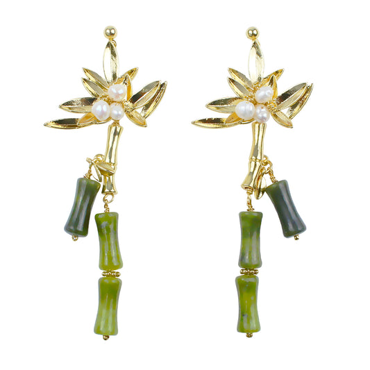 Perlenohrring mit Jade-Bambusdesign – 14K vergoldet, 925 Silberstift, elegante handgefertigte Ohrringe für Frauen, hypoallergen und stilvoll