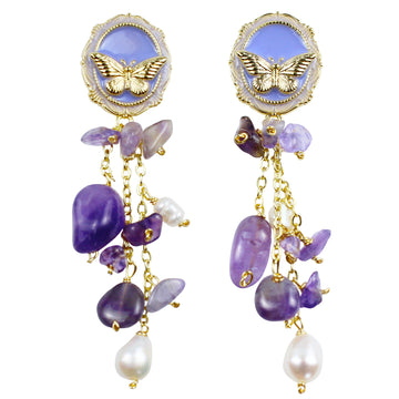 Amethyst Perlenohrringe im Schmetterlingsdesign – 14K Vergoldet, Feine Kristalle & Süßwasserperlen, Eleganter Schmuck für Bälle und Anlässe