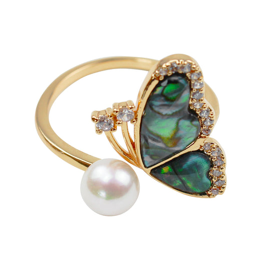 Schmetterling Perlenring – Offener Verstellbarer Ring mit Grüner Abalone & Süßwasserperle, 14K Vergoldet, Eleganter Damenring
