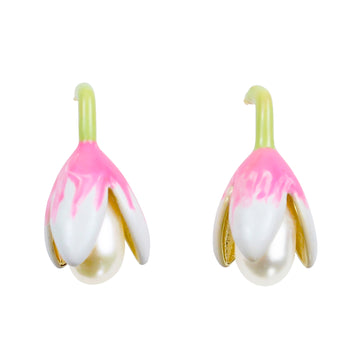 Magnolien Perlen Ohrstecker – Rosa Emaille mit Süßwasserperle, 14K Vergoldet & 925 Silber, femininer Schmuck mit Geschenkbox für Damen