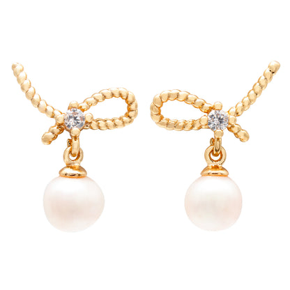 Schmetterlingsknoten Perlen Ohrstecker – 14K vergoldet, 925 Silberstecker, Zirkonia & Süßwasserperle, eleganter Ohrschmuck mit Geschenkbox
