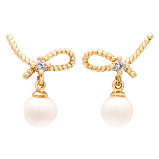 Schmetterlingsknoten Perlen Ohrstecker – 14K vergoldet, 925 Silberstecker, Zirkonia & Süßwasserperle, eleganter Ohrschmuck mit Geschenkbox