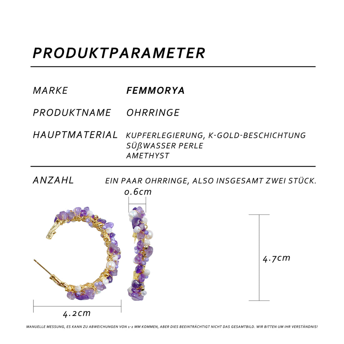 Große Creolen mit Amethyst & Perle – 14K vergoldete Ohrringe mit 925 Silberstift, Statement Schmuck für Damen