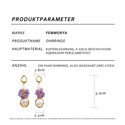 Violette Trauben-Perlenohrringe – 14K Vergoldet, Barockstil mit Süßwasserperlen & Kristallen, Eleganter Schmuck für Feste & Partys