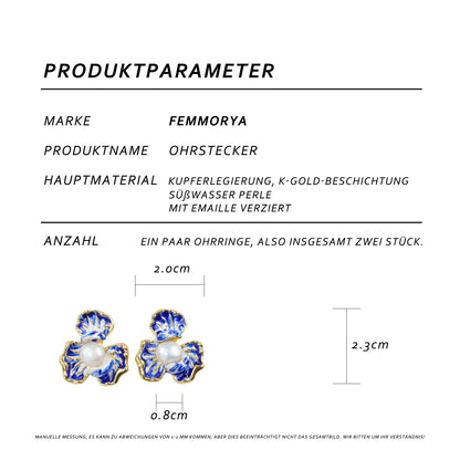 Elegante blaue Blütenblatt-Ohrringe mit Perle – 14K vergoldete Emaille Ohrstecker mit 925 Silberstift für Damen