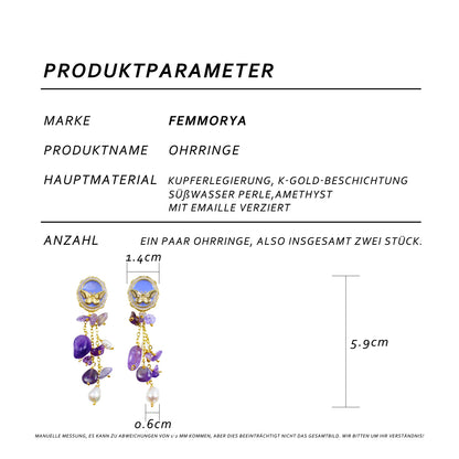 Amethyst Perlenohrringe im Schmetterlingsdesign – 14K Vergoldet, Feine Kristalle & Süßwasserperlen, Eleganter Schmuck für Bälle und Anlässe