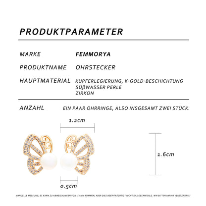 Sternenflügel Perlenohrringe – Schmetterlingsform mit Zirkonia & Süßwasserperle, 14K vergoldete Kupferlegierung, eleganter Schmuck im Sternenhimmel-Design für Frauen