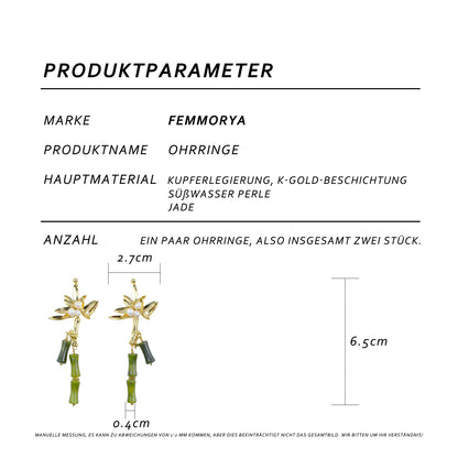 Perlenohrring mit Jade-Bambusdesign – 14K vergoldet, 925 Silberstift, elegante handgefertigte Ohrringe für Frauen, hypoallergen und stilvoll