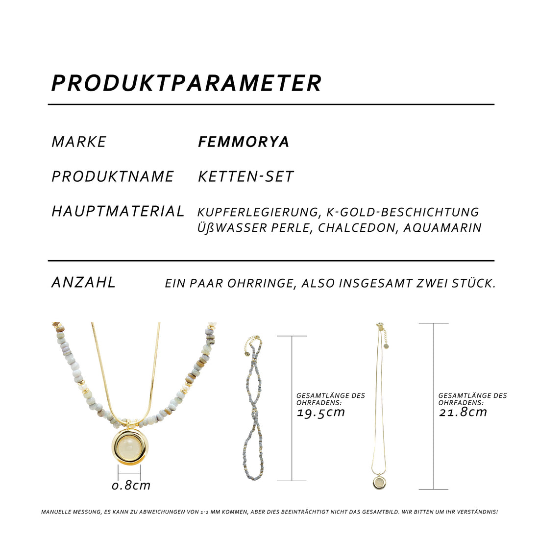 Boho Jewelry Set for Women – Aquamarine Necklace & Chalcedony Pendant, 2-Piece Layering Set with Beads & Herringbone Chain, Ideal for Everyday & Special Occasions