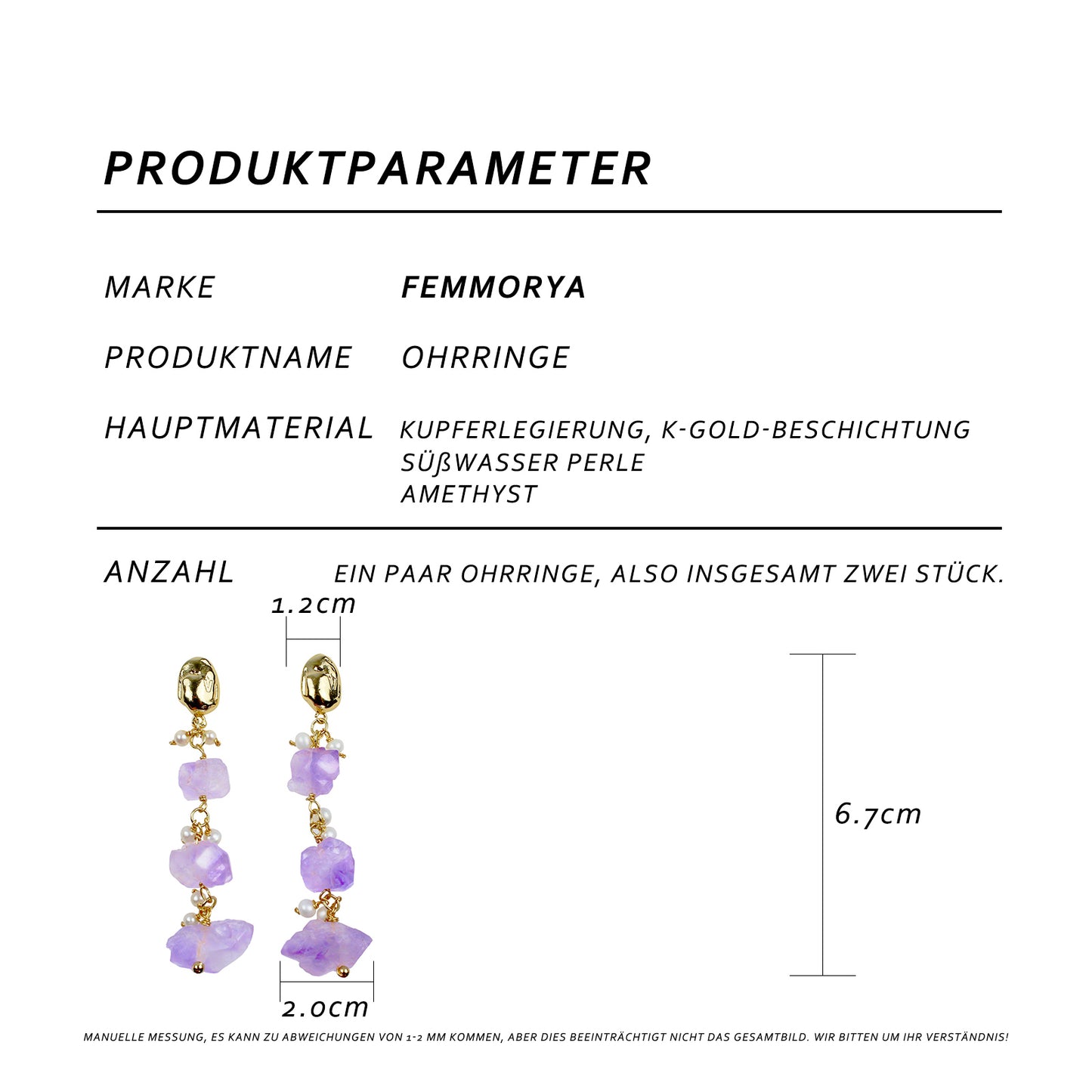 Perlenohrring mit Amethyst-Rohsteinen – 14K vergoldet, 925 Silberstift, eleganter hypoallergener Ohrstecker für Frauen, minimalistisches Design