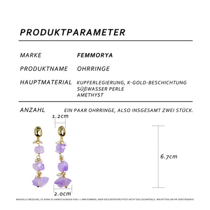 Perlenohrring mit Amethyst-Rohsteinen – 14K vergoldet, 925 Silberstift, eleganter hypoallergener Ohrstecker für Frauen, minimalistisches Design