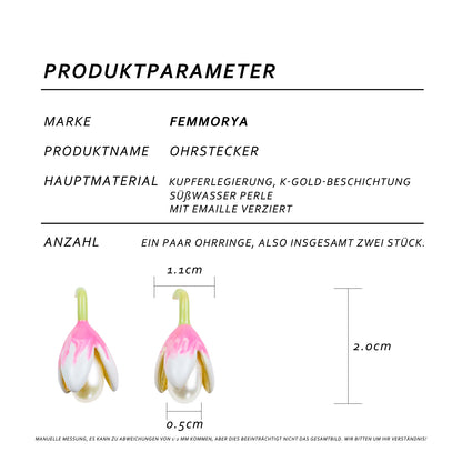 Magnolien Perlen Ohrstecker – Rosa Emaille mit Süßwasserperle, 14K Vergoldet & 925 Silber, femininer Schmuck mit Geschenkbox für Damen