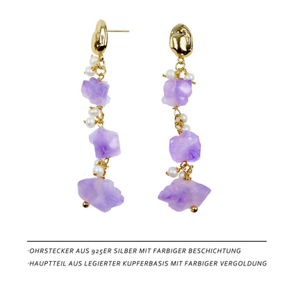 Perlenohrring mit Amethyst-Rohsteinen – 14K vergoldet, 925 Silberstift, eleganter hypoallergener Ohrstecker für Frauen, minimalistisches Design