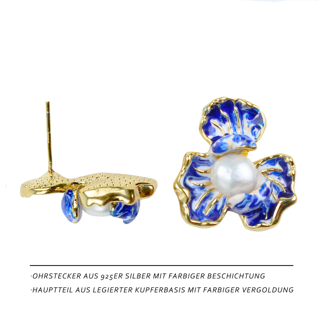Elegante blaue Blütenblatt-Ohrringe mit Perle – 14K vergoldete Emaille Ohrstecker mit 925 Silberstift für Damen