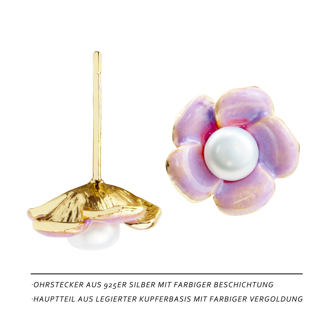 Delicate Lavender Pearl Stud Earrings for Women with K-Gold Coating and 925 Silver Pin – Floral Design with Freshwater Pearl for Office, Party, and Everyday Wear