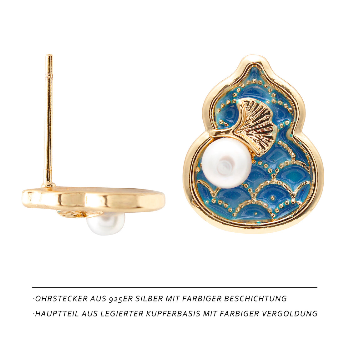 Chinesische Ohrstecker Damen – Ginkgo & Kalebasse Design mit Süßwasserperle, 925 Silber & 14K Vergoldet, Blaue Emaille, Elegante Geschenkbox