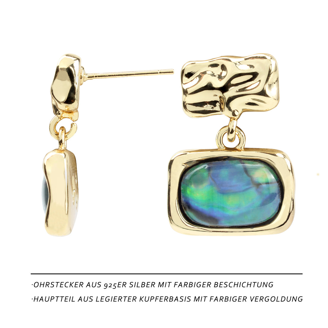 Emerald Abalone Stud Earrings – Elegant Rectangular 14K Gold-Plated Earrings with Iridescent Green Shell ✨