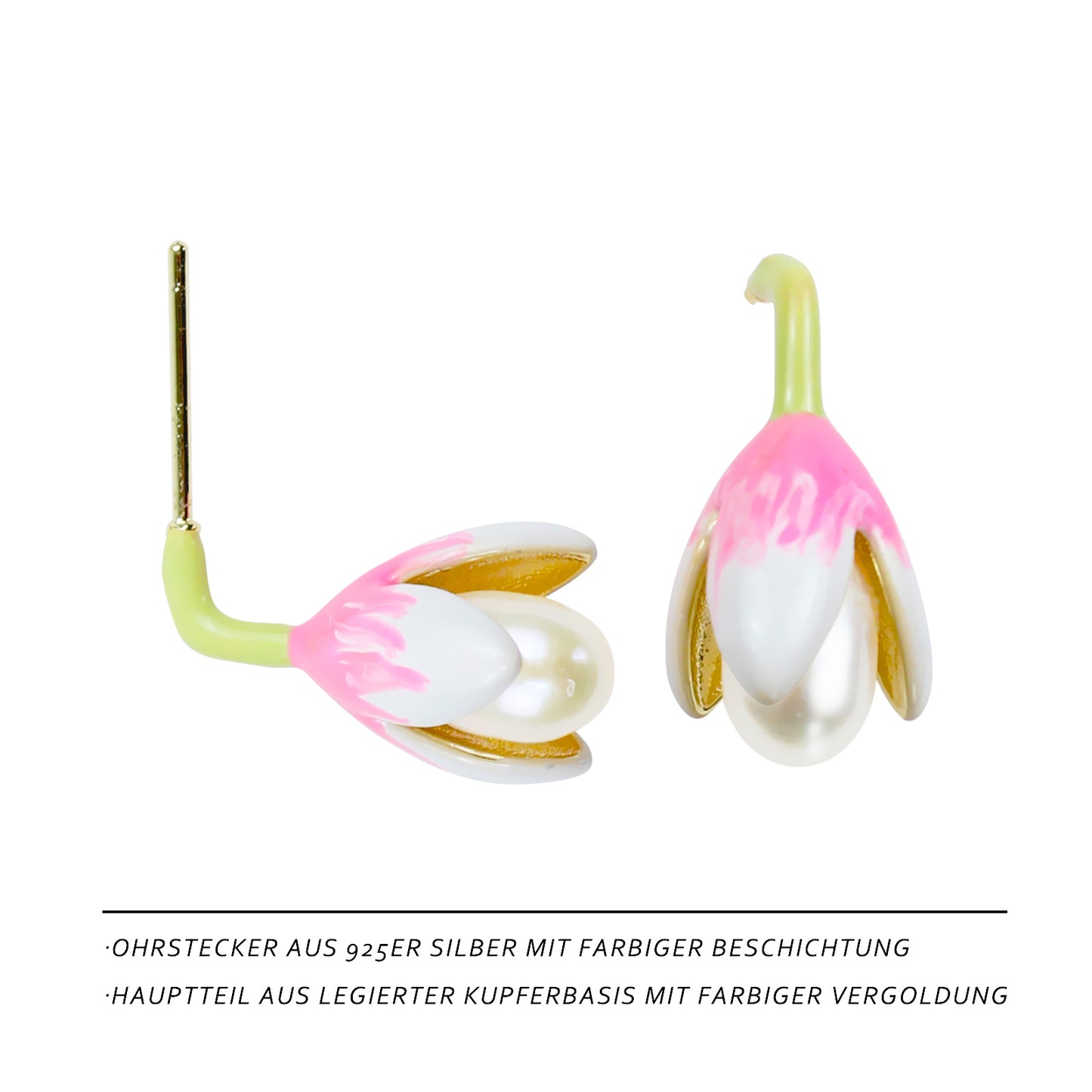 Magnolien Perlen Ohrstecker – Rosa Emaille mit Süßwasserperle, 14K Vergoldet & 925 Silber, femininer Schmuck mit Geschenkbox für Damen