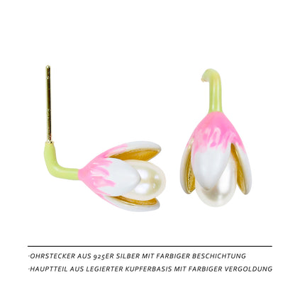 Magnolien Perlen Ohrstecker – Rosa Emaille mit Süßwasserperle, 14K Vergoldet & 925 Silber, femininer Schmuck mit Geschenkbox für Damen