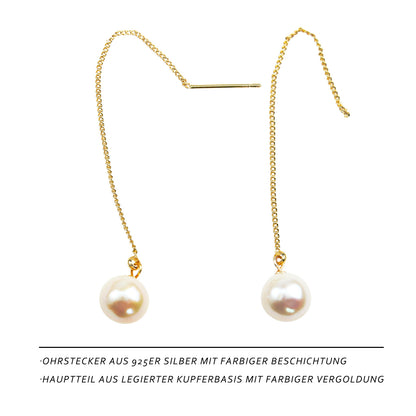 Krone Perlen Ohrkette Damen – 925 Silber, 14K Vergoldet, Zirkonia Krönchen & Süßwasserperle, Allergiefrei, Elegante Geschenkbox