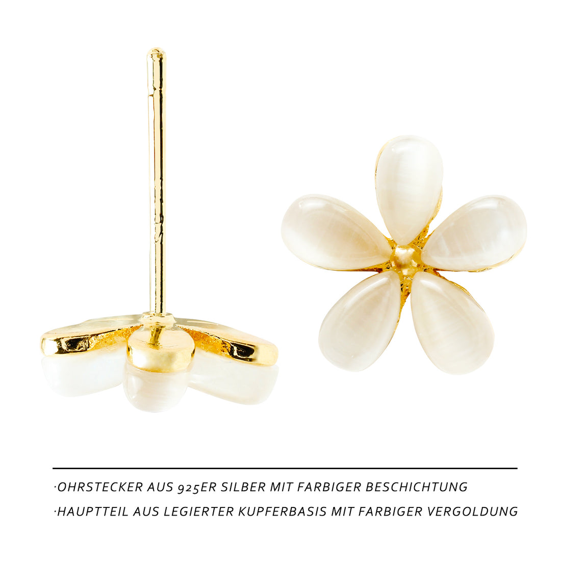 Cat’s Eye Flower Stud Earrings – 5-Petal Blossom Design, 14K Gold Plated, Elegant Jewelry for Women