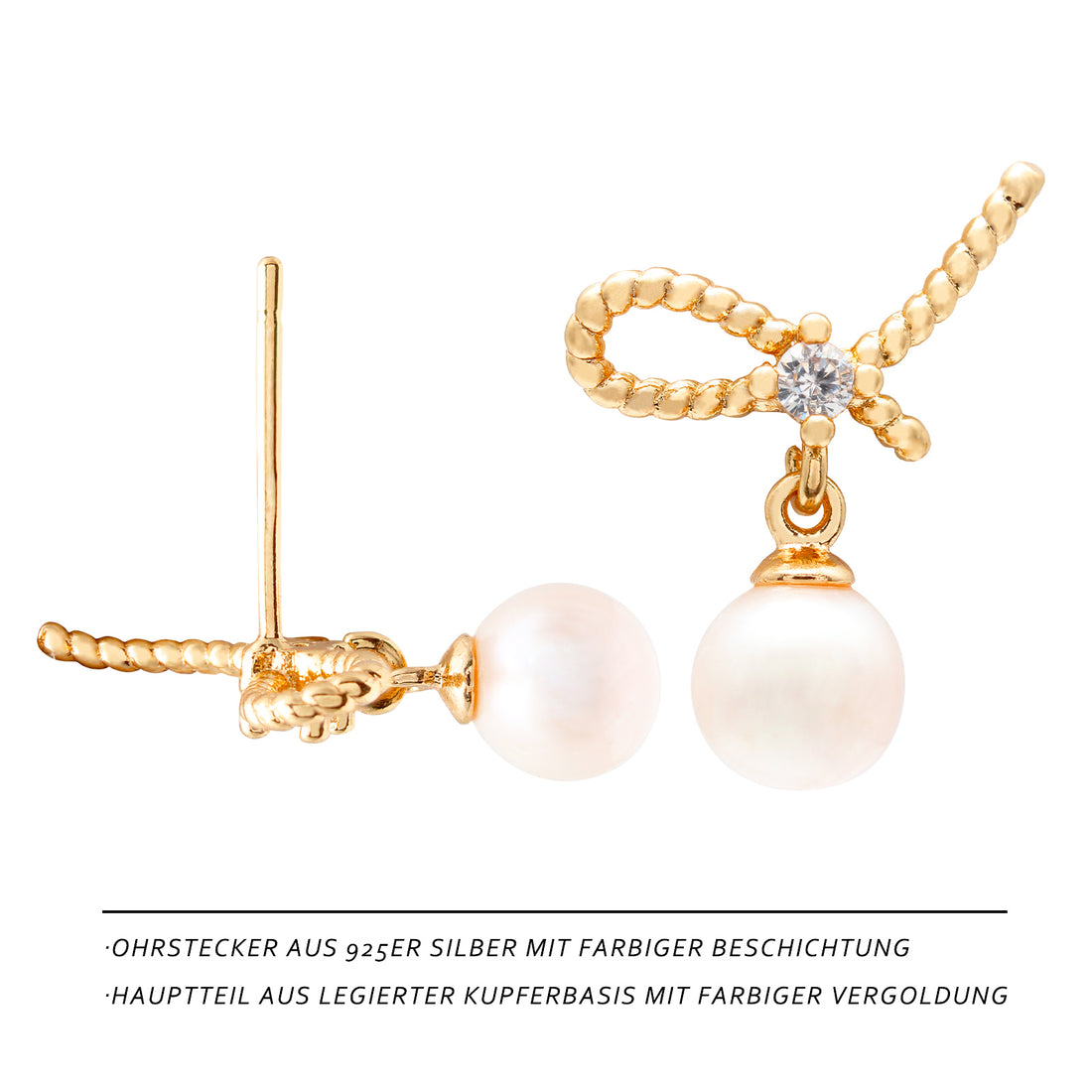 Schmetterlingsknoten Perlen Ohrstecker – 14K vergoldet, 925 Silberstecker, Zirkonia & Süßwasserperle, eleganter Ohrschmuck mit Geschenkbox