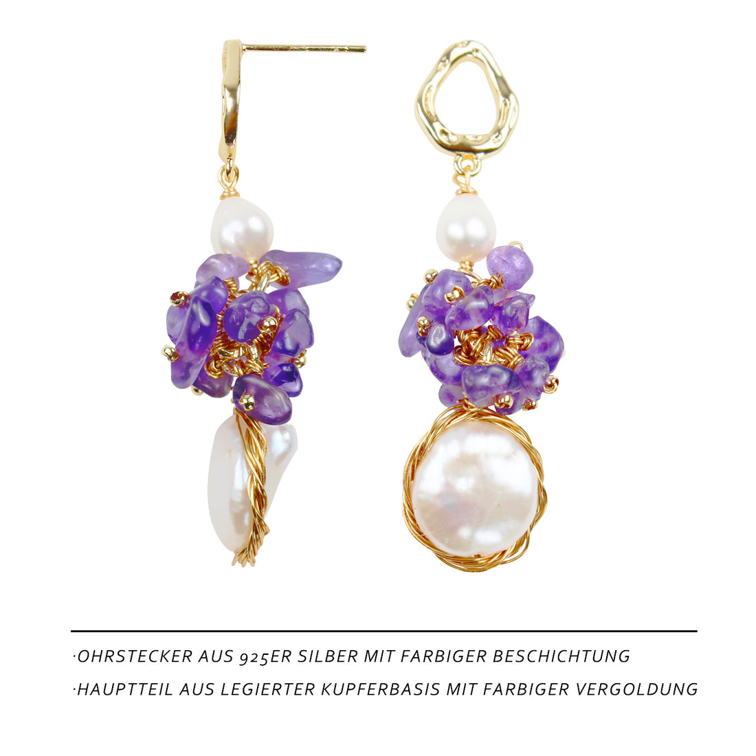 Violette Trauben-Perlenohrringe – 14K Vergoldet, Barockstil mit Süßwasserperlen & Kristallen, Eleganter Schmuck für Feste & Partys