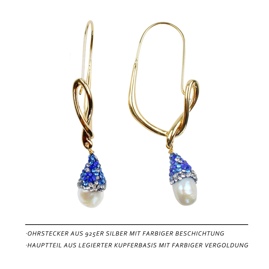 Fischhaken-Perlenohrringe – 14K Vergoldet, Blaue Süßwasserperle & 925 Silberstift, Künstlerisches Design für Damen