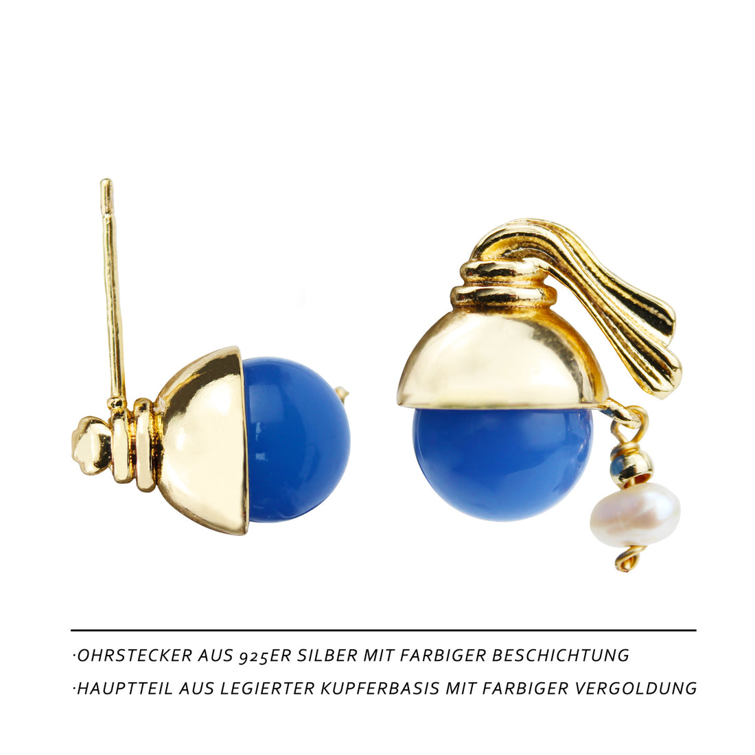 Deep Blue Pearl Stud Earrings for Women with K-Gold Coating and 925 Silver Pin – Elegant Earrings with Agate and Freshwater Pearls for Office, Party, and Everyday Wear