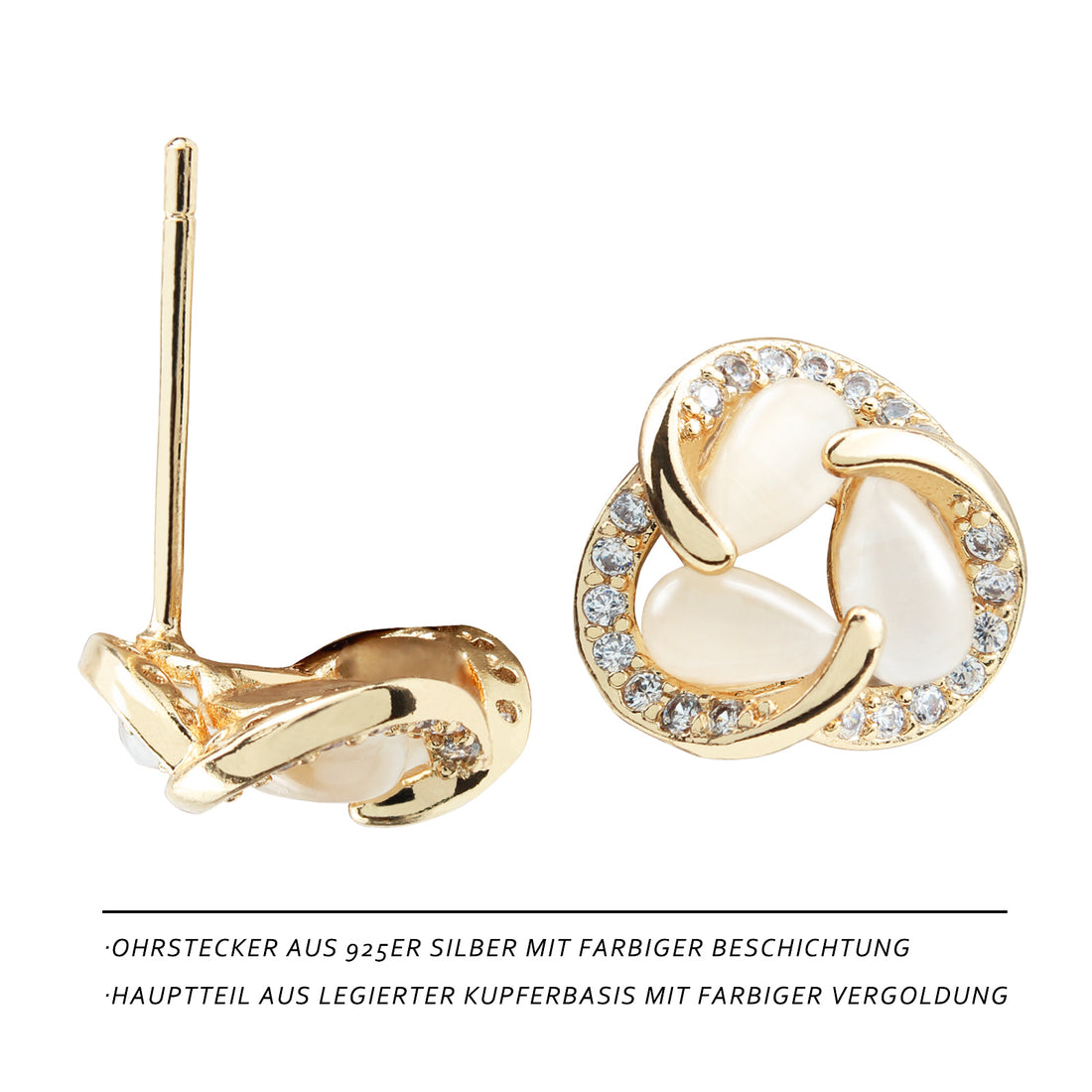 Triple Cat’s Eye Spiral Earrings – 14K Gold-Plated Studs with Sparkling Zirconia Accents ✨