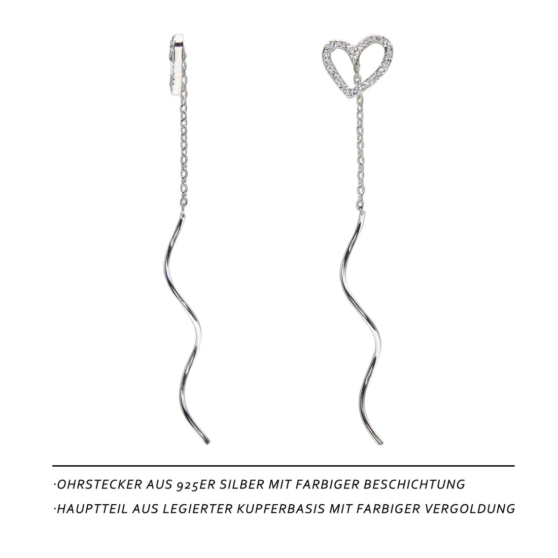 Heart Threader Earrings – Silver Long Chain Earrings with Heart Design, No Backing Needed, Elegant Minimalist Jewelry for Women
