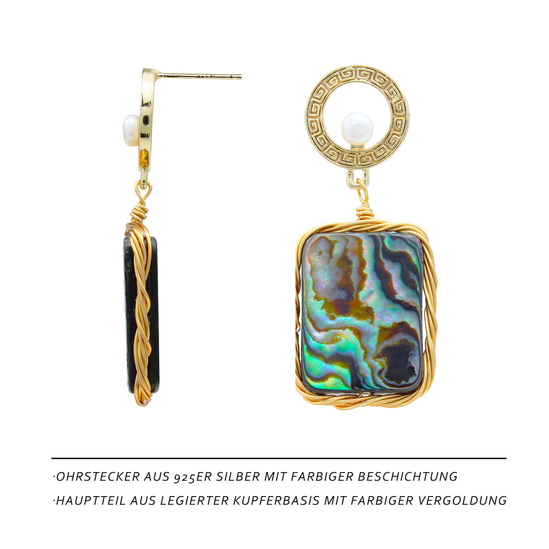 Elegante Abalone-Ohrringe mit Süßwasserperle & chinesischem Muster – 14K vergoldet, goldene Umrandung, mystischer Look für Damen