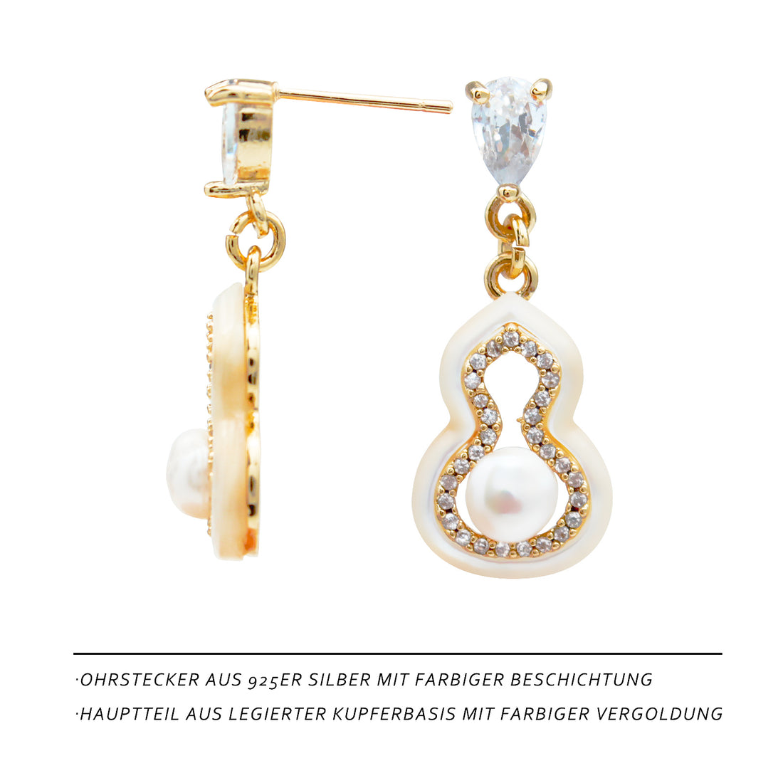 Chinesische Mutterperlen Ohrstecker – Kürbisform Symbol für Glück & Freude, 14K vergoldet, 925 Silberstifte, Süßwasserperle